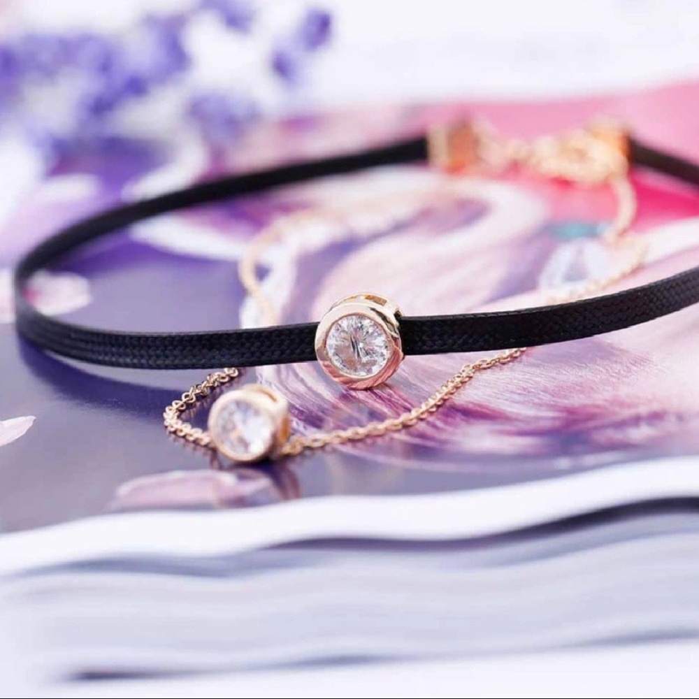 Dainty Gold Choker Necklace Vegan Leather & CZ - Picture 2 of 4